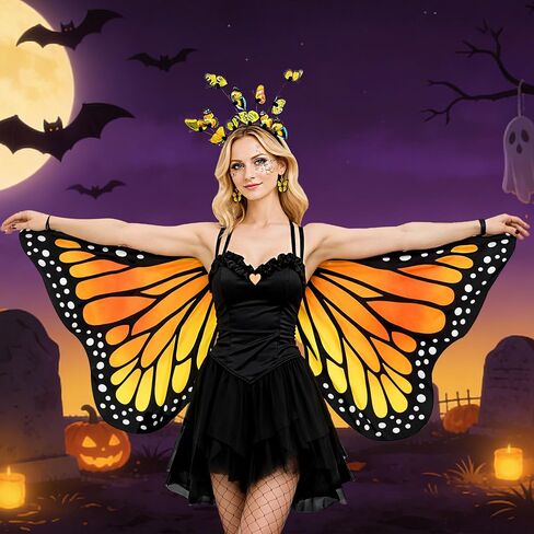 Monarch Butterfly Wings Costume for Women Double Sided Cape Set with Headband Earrings Tattoos Adult Fairy Wings Halloween Cosplay Party Dress Up in Saudi Arabia