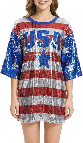 American Flag Star Striped Sparkly Sequin Long T-Shirt for Men Women Loose Mini Dress for Patriotic Casual Costume Party One Size in Saudi Arabia