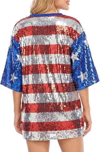 American Flag Star Striped Sparkly Sequin Long T-Shirt for Men Women Loose Mini Dress for Patriotic Casual Costume Party One Size in Saudi Arabia
