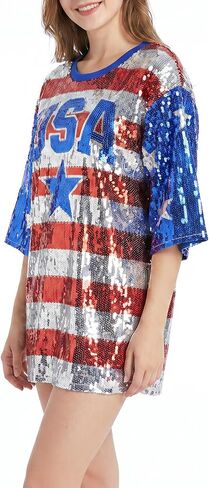 American Flag Star Striped Sparkly Sequin Long T-Shirt for Men Women Loose Mini Dress for Patriotic Casual Costume Party One Size in Saudi Arabia