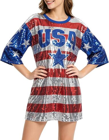 American Flag Star Striped Sparkly Sequin Long T-Shirt for Men Women Loose Mini Dress for Patriotic Casual Costume Party One Size in Saudi Arabia