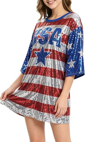 American Flag Star Striped Sparkly Sequin Long T-Shirt for Men Women Loose Mini Dress for Patriotic Casual Costume Party One Size in Saudi Arabia