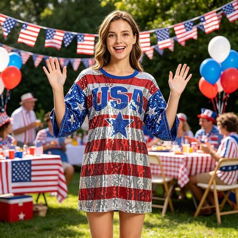 American Flag Star Striped Sparkly Sequin Long T-Shirt for Men Women Loose Mini Dress for Patriotic Casual Costume Party One Size in Saudi Arabia
