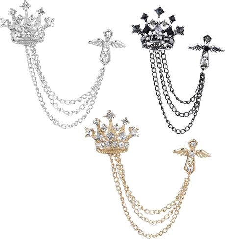 Brooch for Men Suit, Suit Chain Decor 3PCS Crown Lapel Pin, Alloy Crystal Brooch in Black Gold Silver, Fashion Formal Accessory for Tuxedo Wedding Party Men Gift in Saudi Arabia