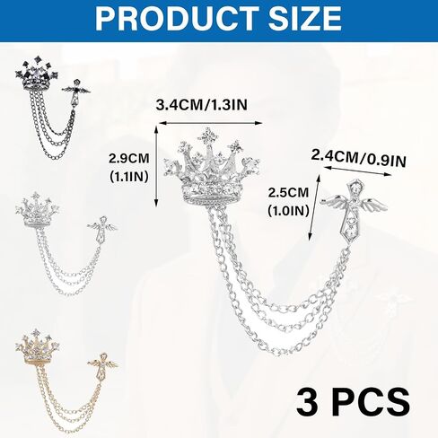 Brooch for Men Suit, Suit Chain Decor 3PCS Crown Lapel Pin, Alloy Crystal Brooch in Black Gold Silver, Fashion Formal Accessory for Tuxedo Wedding Party Men Gift in Saudi Arabia