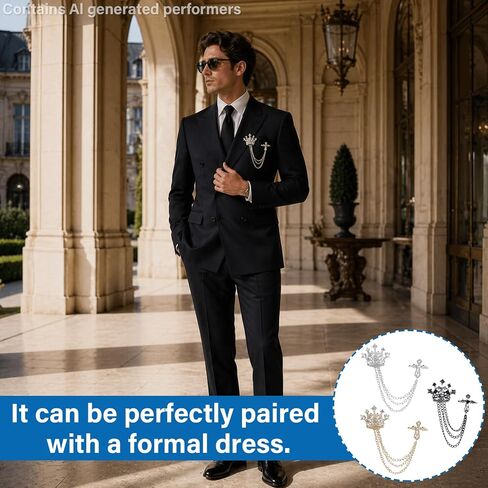 Brooch for Men Suit, Suit Chain Decor 3PCS Crown Lapel Pin, Alloy Crystal Brooch in Black Gold Silver, Fashion Formal Accessory for Tuxedo Wedding Party Men Gift in Saudi Arabia