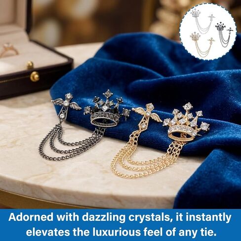 Brooch for Men Suit, Suit Chain Decor 3PCS Crown Lapel Pin, Alloy Crystal Brooch in Black Gold Silver, Fashion Formal Accessory for Tuxedo Wedding Party Men Gift in Saudi Arabia