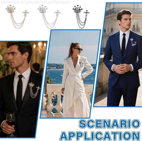 Brooch for Men Suit, Suit Chain Decor 3PCS Crown Lapel Pin, Alloy Crystal Brooch in Black Gold Silver, Fashion Formal Accessory for Tuxedo Wedding Party Men Gift in Saudi Arabia