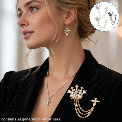 Brooch for Men Suit, Suit Chain Decor 3PCS Crown Lapel Pin, Alloy Crystal Brooch in Black Gold Silver, Fashion Formal Accessory for Tuxedo Wedding Party Men Gift in Saudi Arabia