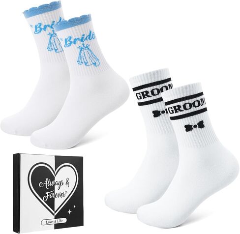 Bride and Groom Socks Gift Set - 2 Pairs Something Blue Wedding Socks for Couples, Bridal Shower Bachelorette Party Gifts, Mr and Mrs Novelty Cotton Crew Socks in Gift Box in Saudi Arabia