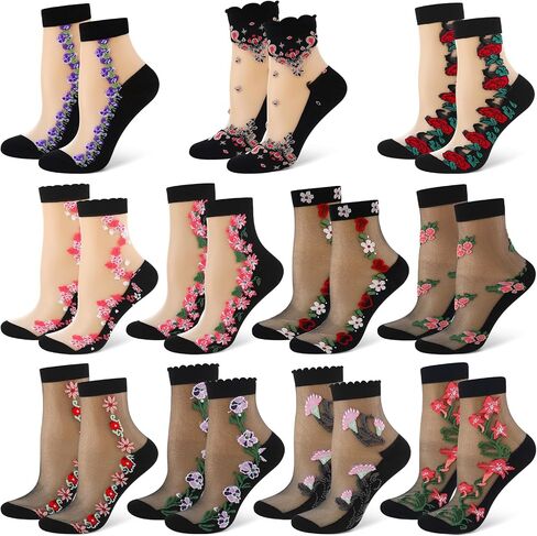 11 Pairs Womens Floral Sheer Socks, Flowered Lace Socks for Women, Summer Vintage Mesh Glass Socks, Breathable Nylon Transparent Sheer Socks in Saudi Arabia
