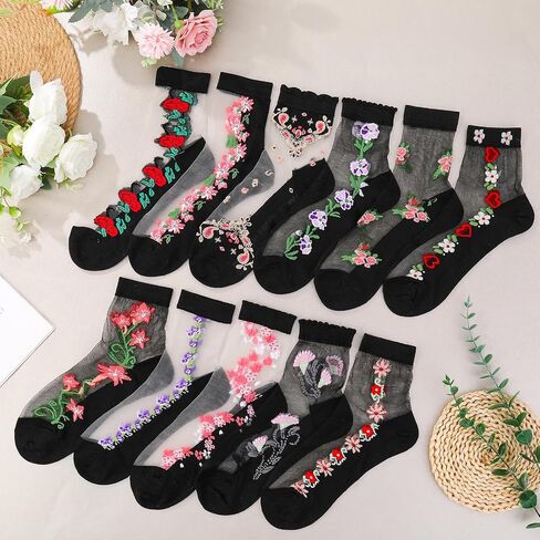 11 Pairs Womens Floral Sheer Socks, Flowered Lace Socks for Women, Summer Vintage Mesh Glass Socks, Breathable Nylon Transparent Sheer Socks in Saudi Arabia