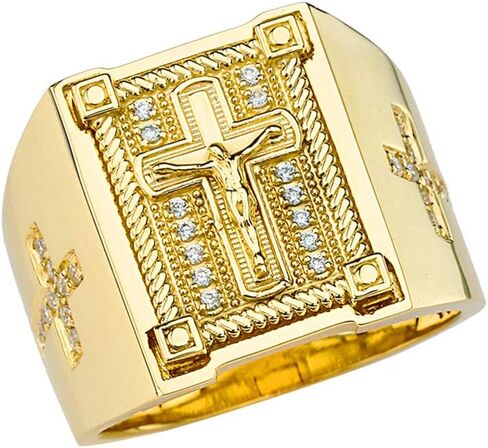 Men's 14k Yellow Gold Diamond Art Deco Jesus Christ Cross Ring in Saudi Arabia