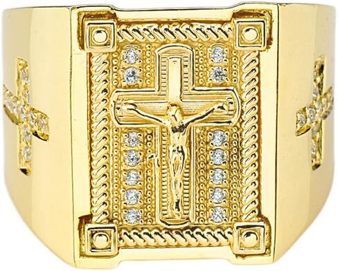 Men's 14k Yellow Gold Diamond Art Deco Jesus Christ Cross Ring in Saudi Arabia