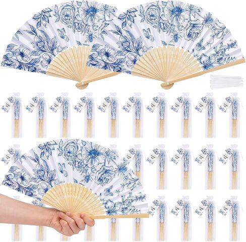 SAYAYA 60 Sets Blue Floral Paper Hand Fans Bulk, Folding Fans Wedding Favors for Guests with Organza Bags, Thank-You Tags & Cable Ties, Foldable Bamboo Cooling Fans for Outdoor Bridal Shower Gifts in Kuwait