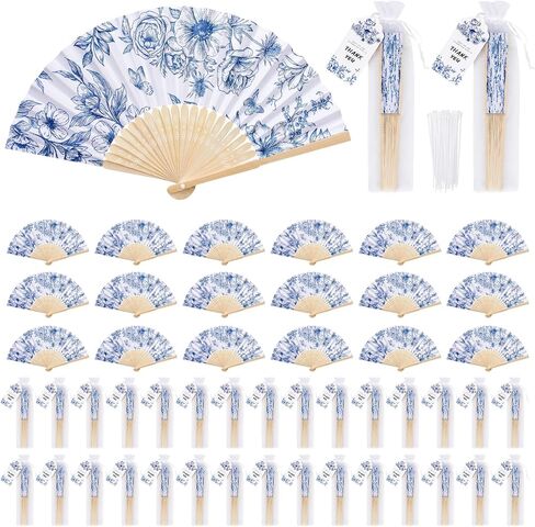 SAYAYA 60 Sets Blue Floral Paper Hand Fans Bulk, Folding Fans Wedding Favors for Guests with Organza Bags, Thank-You Tags & Cable Ties, Foldable Bamboo Cooling Fans for Outdoor Bridal Shower Gifts in Kuwait