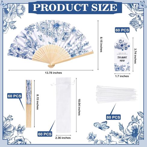 SAYAYA 60 Sets Blue Floral Paper Hand Fans Bulk, Folding Fans Wedding Favors for Guests with Organza Bags, Thank-You Tags & Cable Ties, Foldable Bamboo Cooling Fans for Outdoor Bridal Shower Gifts in Kuwait