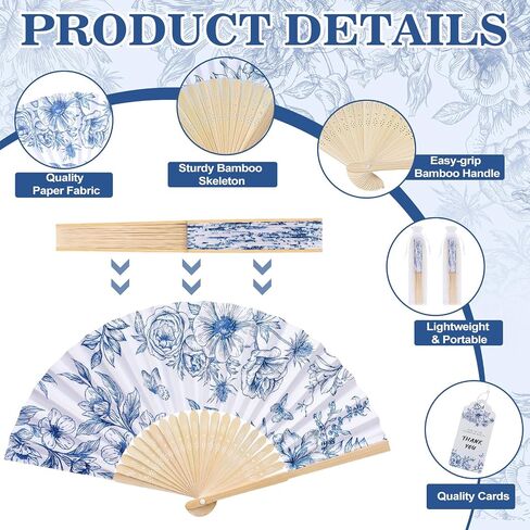 SAYAYA 60 Sets Blue Floral Paper Hand Fans Bulk, Folding Fans Wedding Favors for Guests with Organza Bags, Thank-You Tags & Cable Ties, Foldable Bamboo Cooling Fans for Outdoor Bridal Shower Gifts in Kuwait