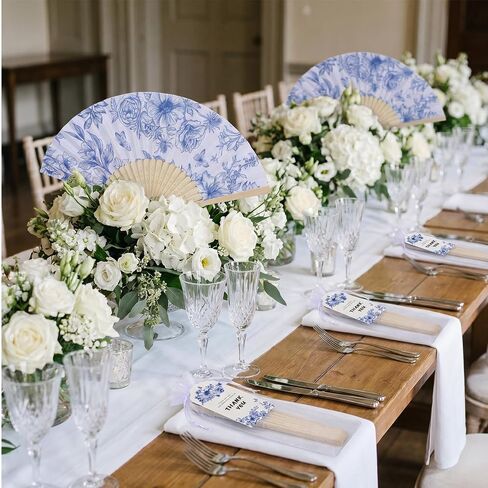 SAYAYA 60 Sets Blue Floral Paper Hand Fans Bulk, Folding Fans Wedding Favors for Guests with Organza Bags, Thank-You Tags & Cable Ties, Foldable Bamboo Cooling Fans for Outdoor Bridal Shower Gifts in Kuwait