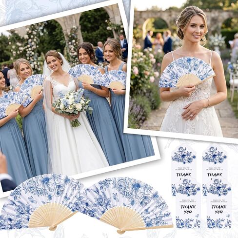 SAYAYA 60 Sets Blue Floral Paper Hand Fans Bulk, Folding Fans Wedding Favors for Guests with Organza Bags, Thank-You Tags & Cable Ties, Foldable Bamboo Cooling Fans for Outdoor Bridal Shower Gifts in Kuwait