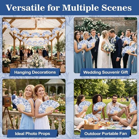 SAYAYA 60 Sets Blue Floral Paper Hand Fans Bulk, Folding Fans Wedding Favors for Guests with Organza Bags, Thank-You Tags & Cable Ties, Foldable Bamboo Cooling Fans for Outdoor Bridal Shower Gifts in Kuwait