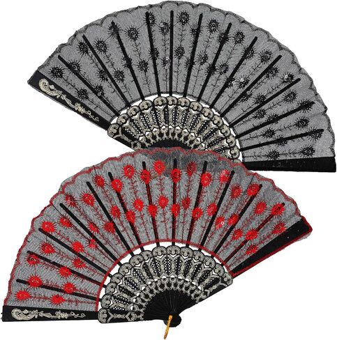 Grevosea 2 Pack Lace Embroidered Sequin Folding Hand Fans Spanish Flamenco Dance Accessories Gothic Retro Costume Photo Props Prom Decoration Red Black in Kuwait