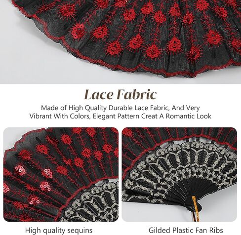 Grevosea 2 Pack Lace Embroidered Sequin Folding Hand Fans Spanish Flamenco Dance Accessories Gothic Retro Costume Photo Props Prom Decoration Red Black in Kuwait