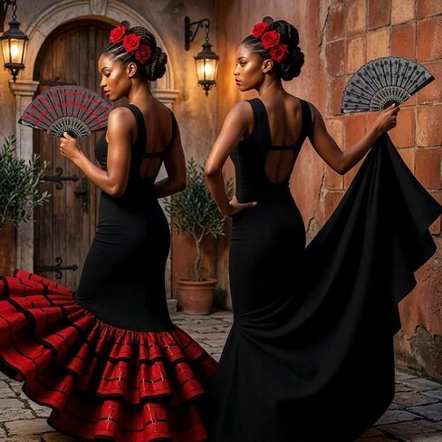 Grevosea 2 Pack Lace Embroidered Sequin Folding Hand Fans Spanish Flamenco Dance Accessories Gothic Retro Costume Photo Props Prom Decoration Red Black in Kuwait