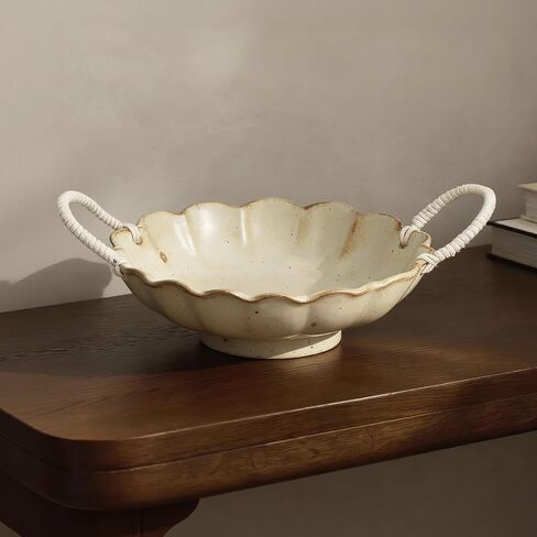 7.5-Inch Ceramic Serving Bowl with Scalloped Rim and Rope Handles | Rustic Decor Centerpiece (Scalloped with Handle) in Saudi Arabia