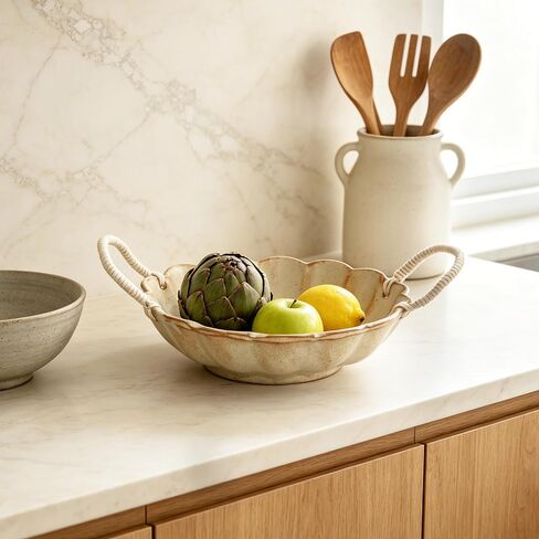 7.5-Inch Ceramic Serving Bowl with Scalloped Rim and Rope Handles | Rustic Decor Centerpiece (Scalloped with Handle) in Saudi Arabia