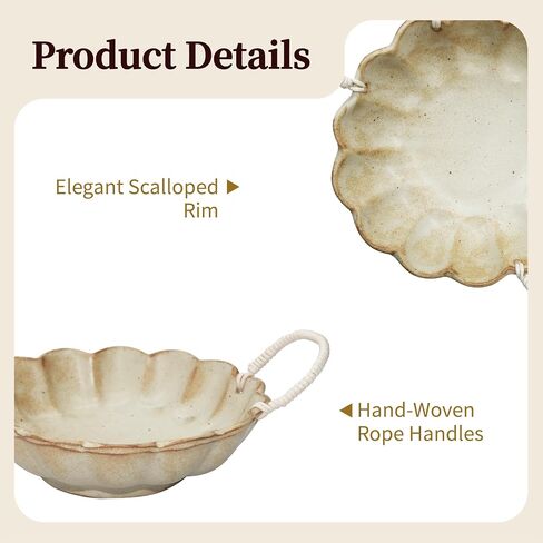 7.5-Inch Ceramic Serving Bowl with Scalloped Rim and Rope Handles | Rustic Decor Centerpiece (Scalloped with Handle) in Saudi Arabia