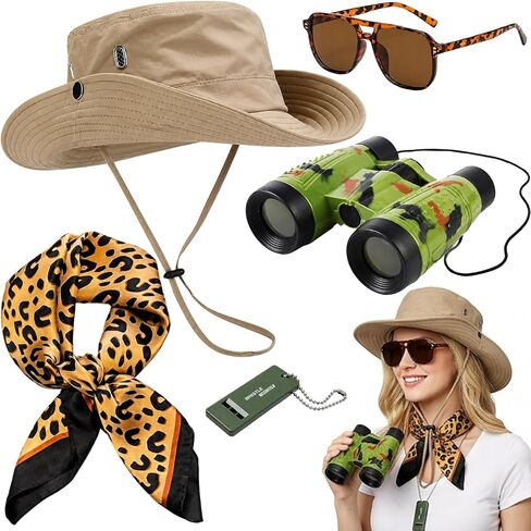 Safari Clothes for Women, Halloween Costumes, 5 PCS Safari Outfit Set with Safari Hat Leopard Print Scarf Binoculars Sunglasses and Whistle, for Attending Halloweens and Parties Use by Those Aged 15+ in Saudi Arabia