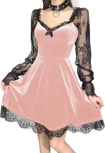 TSMNZMU Women Gothic Velvet Dress - Flared Lace Long Sleeve Midi Dresses - Lolita Fairy Grunge Harajuku Dress Alt Clothes in Kuwait