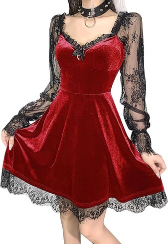 TSMNZMU Women Gothic Velvet Dress - Flared Lace Long Sleeve Midi Dresses - Lolita Fairy Grunge Harajuku Dress Alt Clothes in Kuwait
