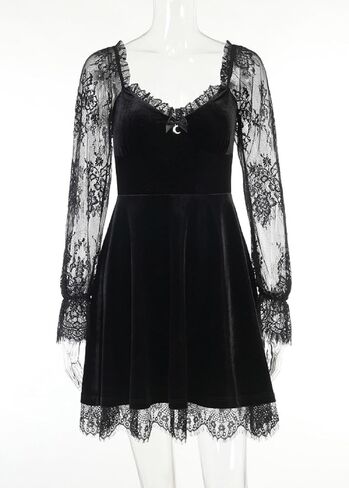 TSMNZMU Women Gothic Velvet Dress - Flared Lace Long Sleeve Midi Dresses - Lolita Fairy Grunge Harajuku Dress Alt Clothes in Kuwait