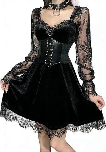TSMNZMU Women Gothic Velvet Dress - Flared Lace Long Sleeve Midi Dresses - Lolita Fairy Grunge Harajuku Dress Alt Clothes in Kuwait