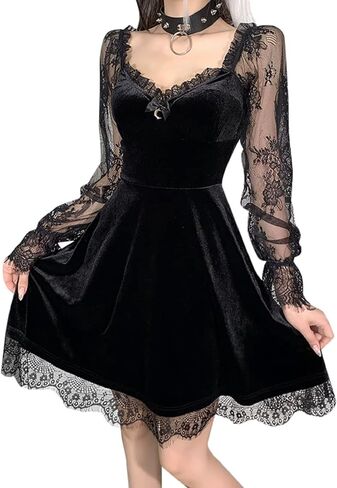 TSMNZMU Women Gothic Velvet Dress - Flared Lace Long Sleeve Midi Dresses - Lolita Fairy Grunge Harajuku Dress Alt Clothes in Kuwait