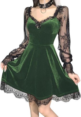 TSMNZMU Women Gothic Velvet Dress - Flared Lace Long Sleeve Midi Dresses - Lolita Fairy Grunge Harajuku Dress Alt Clothes in Kuwait