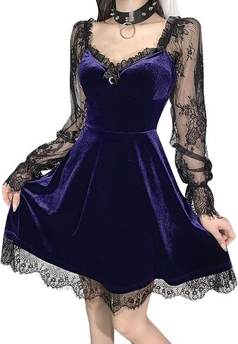 TSMNZMU Women Gothic Velvet Dress - Flared Lace Long Sleeve Midi Dresses - Lolita Fairy Grunge Harajuku Dress Alt Clothes in Kuwait
