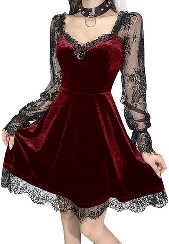 TSMNZMU Women Gothic Velvet Dress - Flared Lace Long Sleeve Midi Dresses - Lolita Fairy Grunge Harajuku Dress Alt Clothes in Kuwait