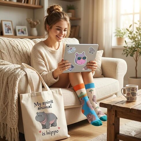 Hippo Gifts for Women - 5Pcs Hippo Gift Set with Soft Novelty Socks, Stickers | Unique Animal Theme Gift for Daughter, Sister, Mom,Friends in Saudi Arabia