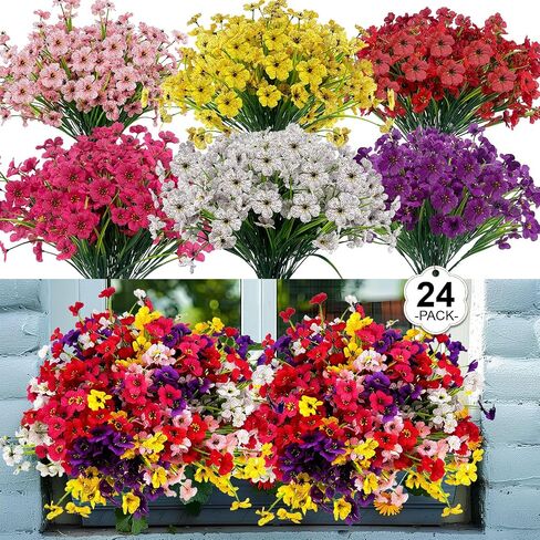 24 Pcs (6 Color) UV Resistant Outdoor Artificial Faux Flowers Plants Realistic Plastic Silk Bulk Fake Arrangements for Garden Hanging Baskets Patio Porch Cemetery Grave Decorations Indoor Vase in Saudi Arabia