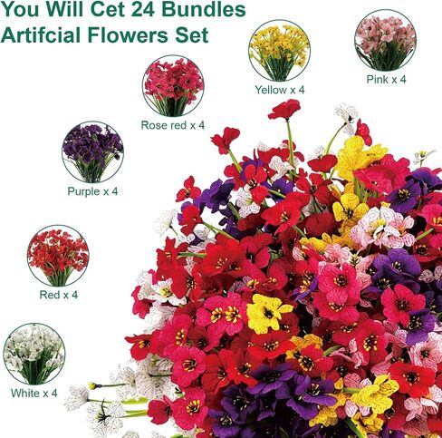 24 Pcs (6 Color) UV Resistant Outdoor Artificial Faux Flowers Plants Realistic Plastic Silk Bulk Fake Arrangements for Garden Hanging Baskets Patio Porch Cemetery Grave Decorations Indoor Vase in Saudi Arabia