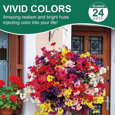 24 Pcs (6 Color) UV Resistant Outdoor Artificial Faux Flowers Plants Realistic Plastic Silk Bulk Fake Arrangements for Garden Hanging Baskets Patio Porch Cemetery Grave Decorations Indoor Vase in Saudi Arabia