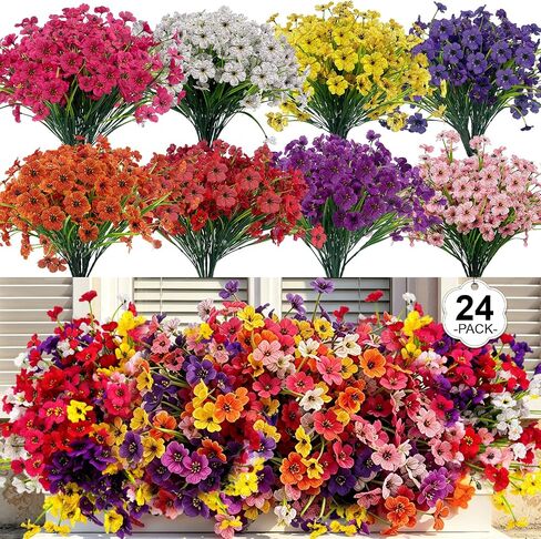 24 Pcs (6 Color) UV Resistant Outdoor Artificial Faux Flowers Plants Realistic Plastic Silk Bulk Fake Arrangements for Garden Hanging Baskets Patio Porch Cemetery Grave Decorations Indoor Vase in Saudi Arabia