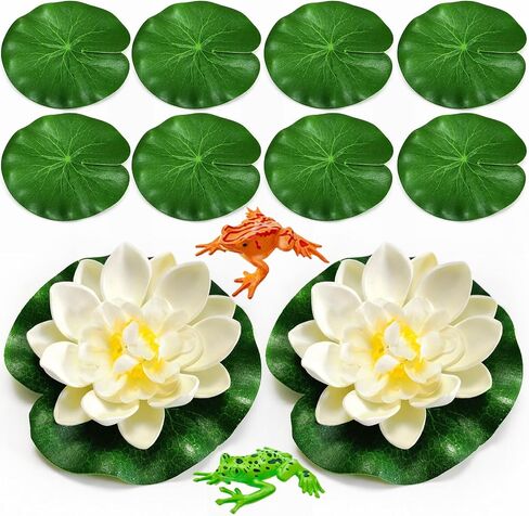 12PCS Artificial Floating Lily Pads Set, 8 Realistic Lily Pads, 2 Lotus Flowers & 2 Floating Frogs, Pond Pool Fountain Water Feature Decorations in Saudi Arabia