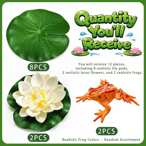 12PCS Artificial Floating Lily Pads Set, 8 Realistic Lily Pads, 2 Lotus Flowers & 2 Floating Frogs, Pond Pool Fountain Water Feature Decorations in Saudi Arabia