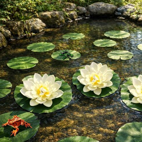 12PCS Artificial Floating Lily Pads Set, 8 Realistic Lily Pads, 2 Lotus Flowers & 2 Floating Frogs, Pond Pool Fountain Water Feature Decorations in Saudi Arabia