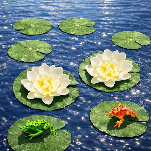 12PCS Artificial Floating Lily Pads Set, 8 Realistic Lily Pads, 2 Lotus Flowers & 2 Floating Frogs, Pond Pool Fountain Water Feature Decorations in Saudi Arabia