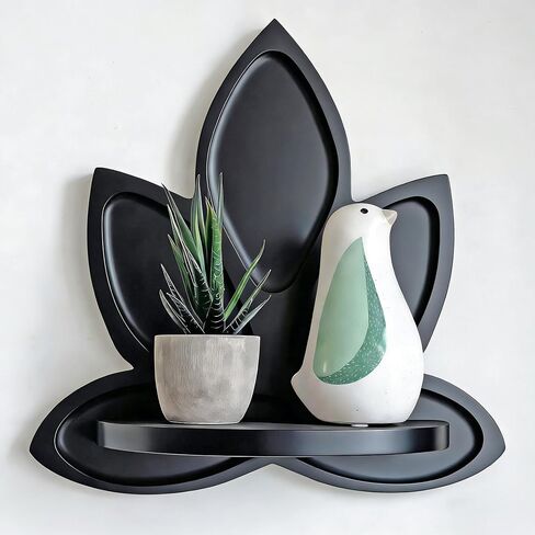 Small Carved Lotus Flower Wooden Floating Wall Shelf, Boho Zen Spiritual Home Decor for Office, Living Room, Bedroom, Yoga & Meditation Space in Saudi Arabia